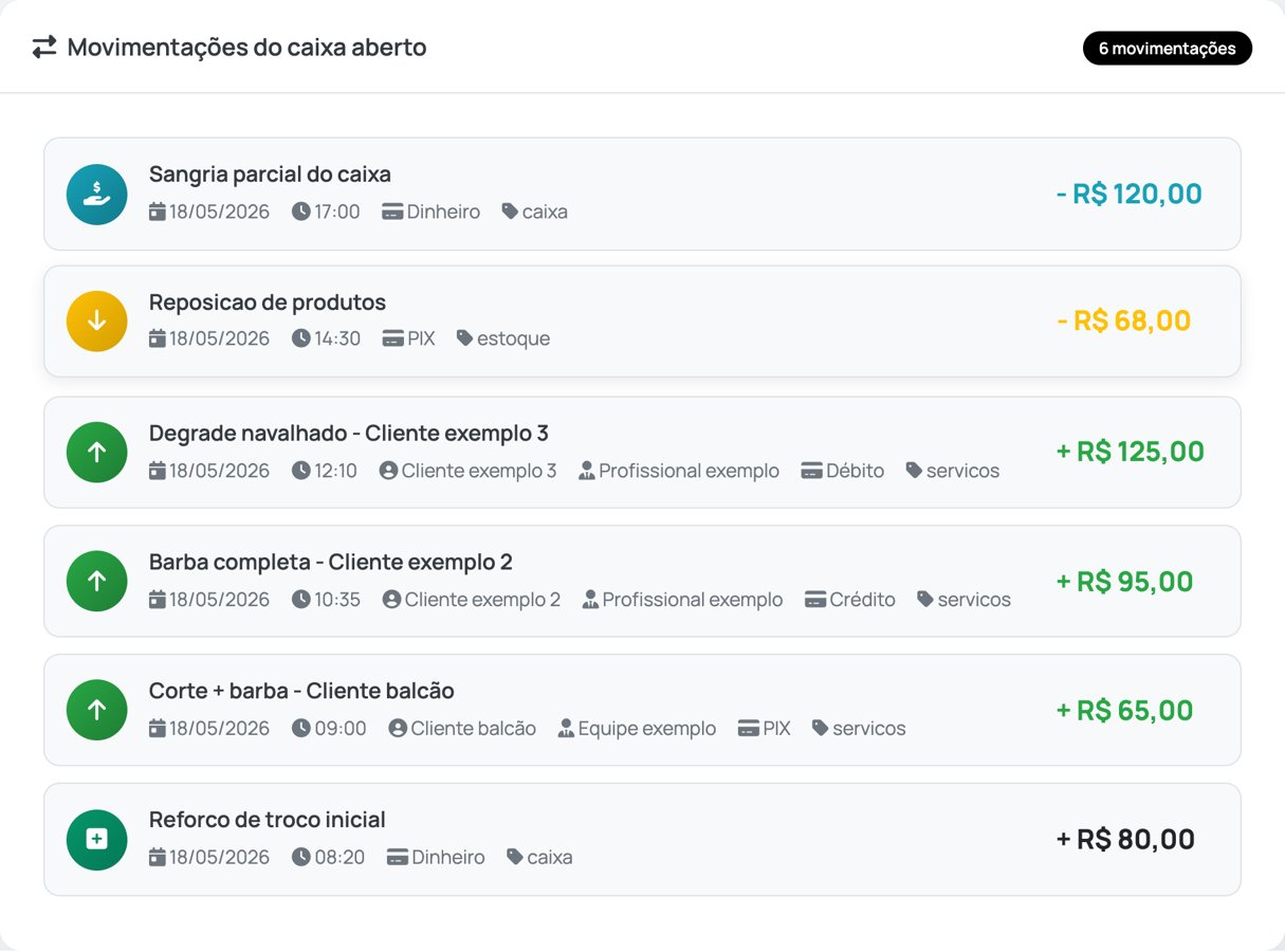 Movimentações do caixa do Gestão BLZ com dados demonstrativos